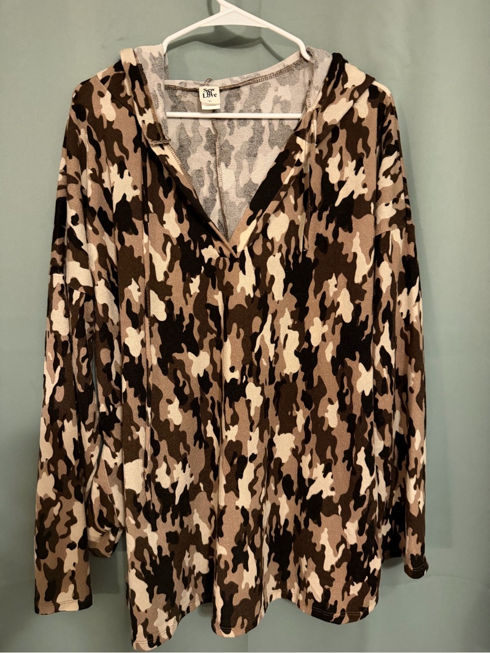 Sew In Love Brown Black White Camo Hooded Long-Sleeve Top
